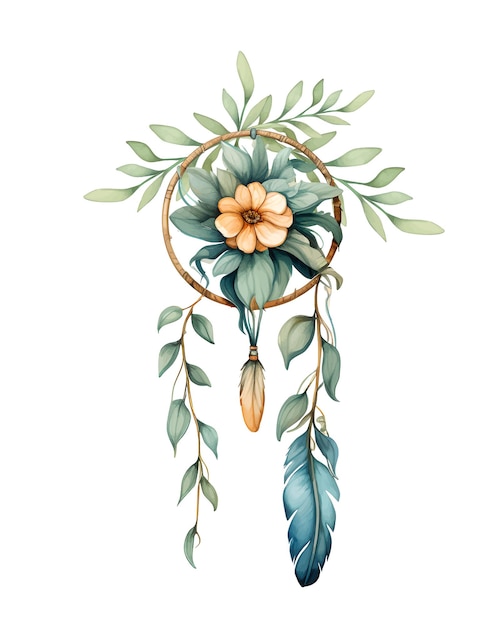 Watercolor dream catcher with pink flower Dreamcatcher bouquet vector illustration