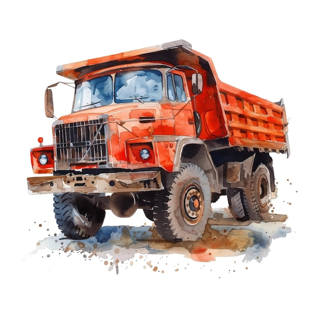 Watercolor dump truck on white background