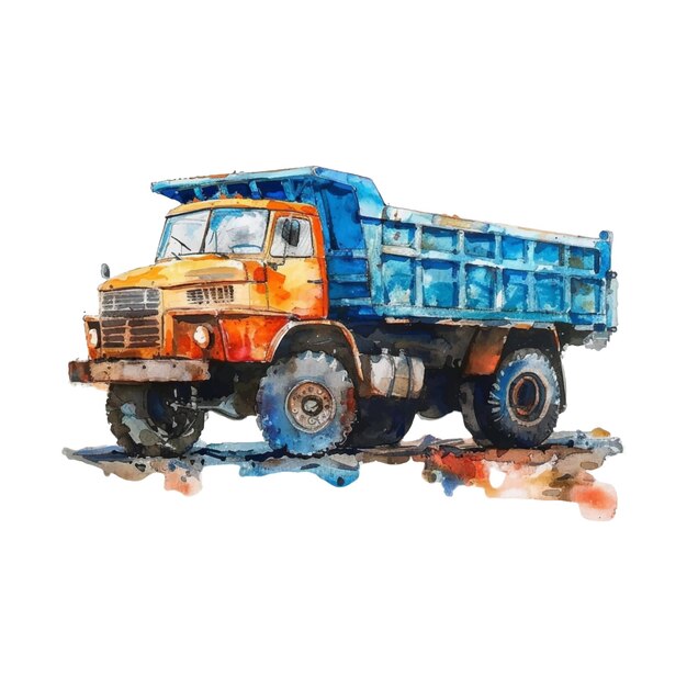 Watercolor dump truck on white background