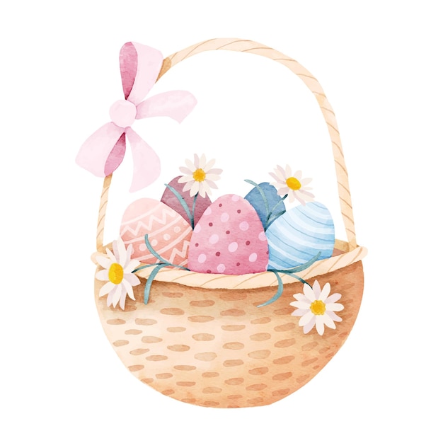 Vector watercolor easter basket with easter eggs