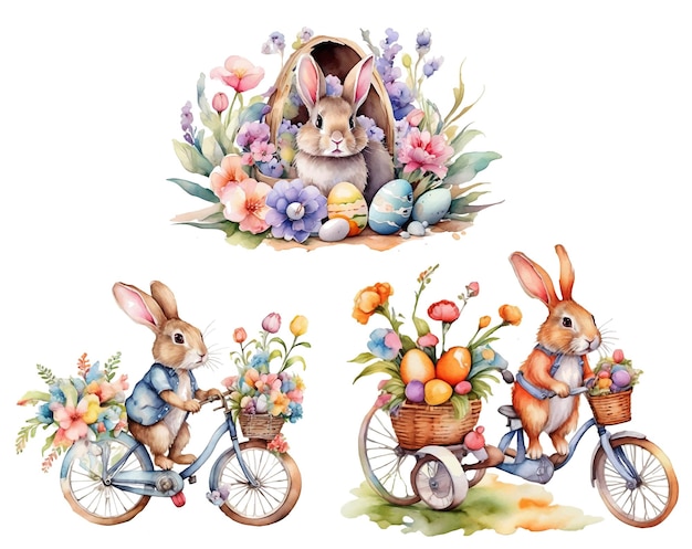 Акварель пасхальный кролик с пасхальным яйцом и цветом