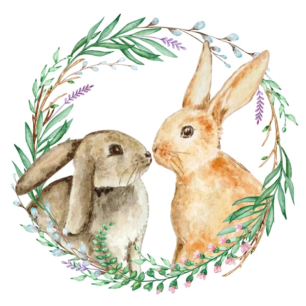 Акварельный пасхальный кролик с цветочным венком