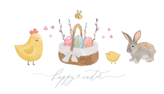 수채화 부활절 카드 부활절 케이크 카트 달걀 꿀벌 꽃과 흰색 배경에 토끼