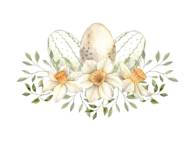 Watercolor Easter composition with green herbs beautiful daffodils light and yellow eggs