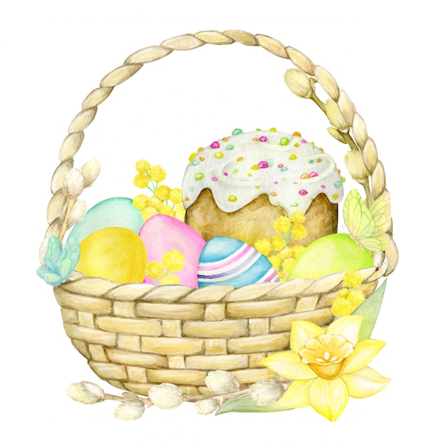 ベクトル 水彩画、イースターコンセプト、孤立した背景に。バスケット、イースターケーキ、柳の枝、卵、花。