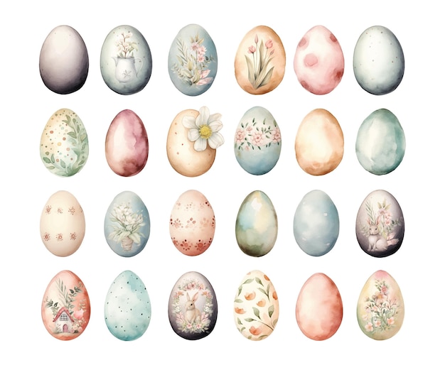 Vector watercolor easter eggs set with floral decoration elements