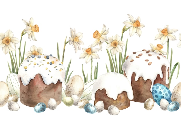 Watercolor Easter endless composition with Easter cakes eggs and daffodils Hand drawn illustrations
