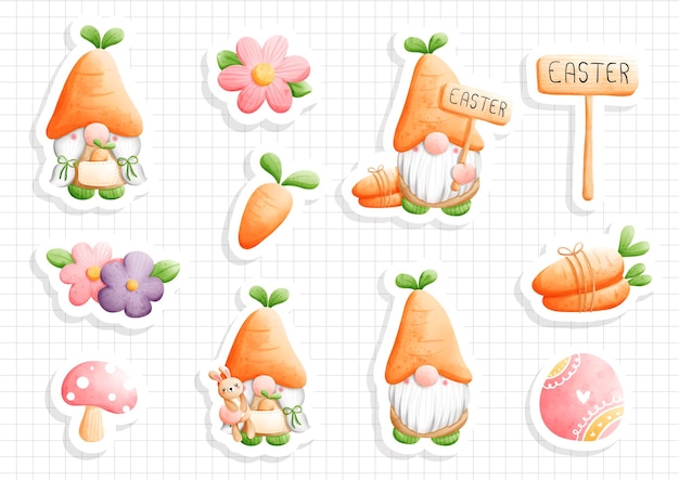 Watercolor easter gnome gnome easter sticker sheet Vector illustration