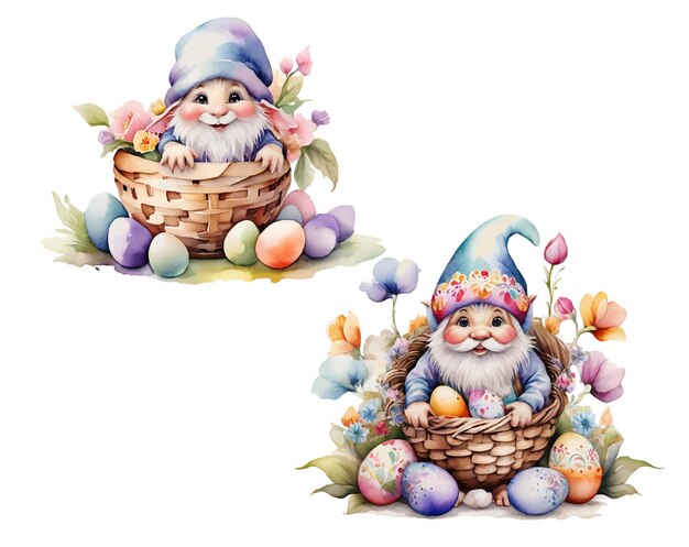 Watercolor Easter gnome with flower and Easter egg