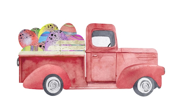 Vector watercolor easter retro red truck illustration with eggs card