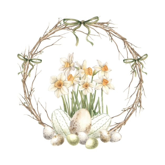 Watercolor Easter wreath made of branches with yellow daffodils and Easter eggs decorated with