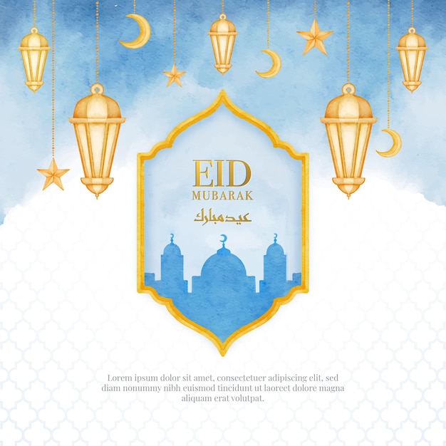 Watercolor eid mubarak template with hand draw lanterns and mosque