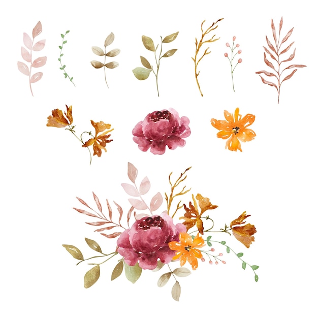 Vector watercolor elegant bouquet of autumn flowers and leaves boho style