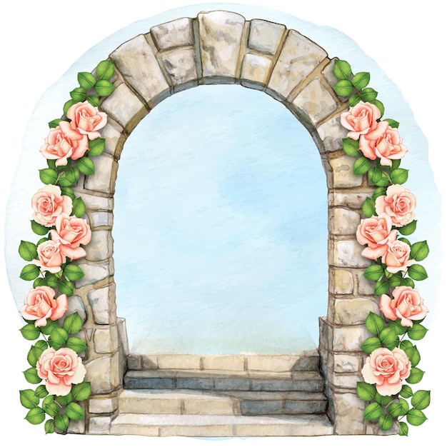 Arco di pietra elegante dell'acquerello disegnato a mano con fiori rampicanti