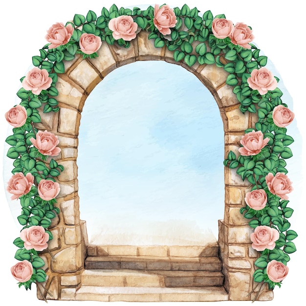 Arco di pietra elegante dell'acquerello disegnato a mano con fiori rampicanti