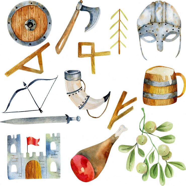 Vector watercolor elements of viking culture