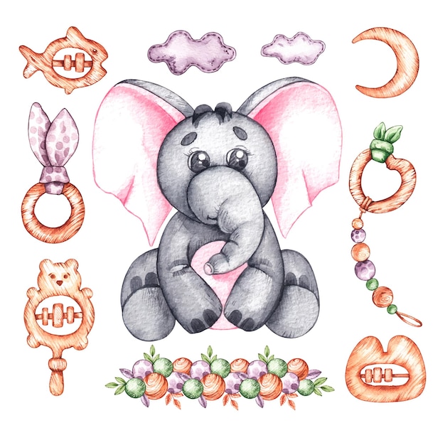 Watercolor elephant on a white background with bohostyle toys