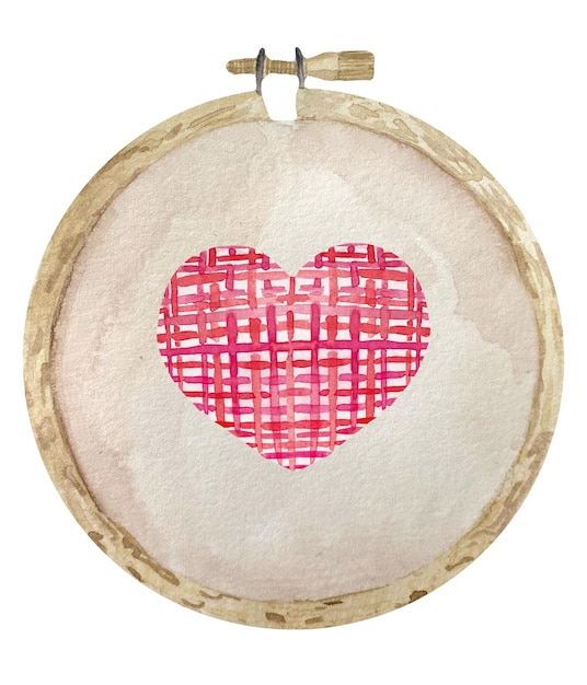 Watercolor embroidered red heart on the wooden embroidery frame