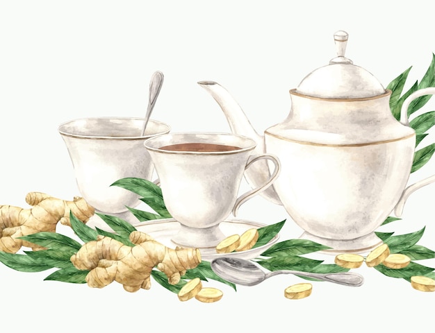 Watercolor endless composition with teapot mug spoon ginger and sugar Hand drawn illustration