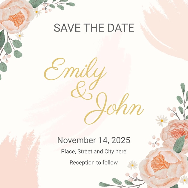 Watercolor english orange peach rose wedding invitation square card background template