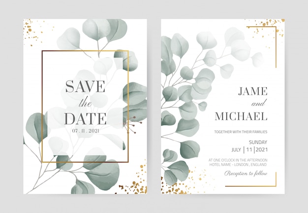 Watercolor eucalyptus wedding invitation card in gold frame with gold powder Beautiful white card background. Set card template.