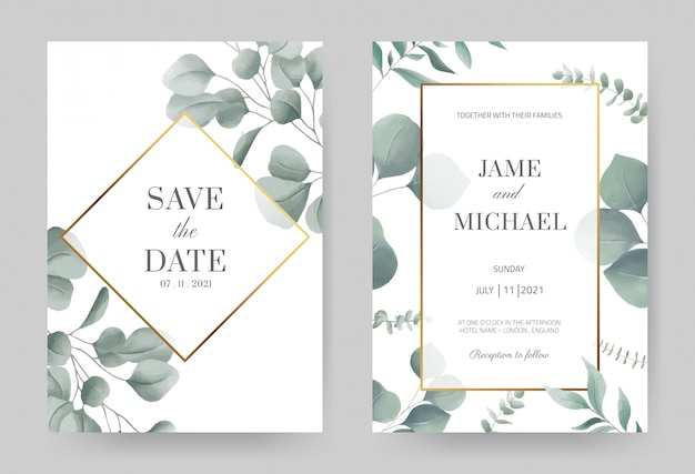 Watercolor eucalyptus wedding invitation card with gold frame. Beautiful white card background. Set card template.