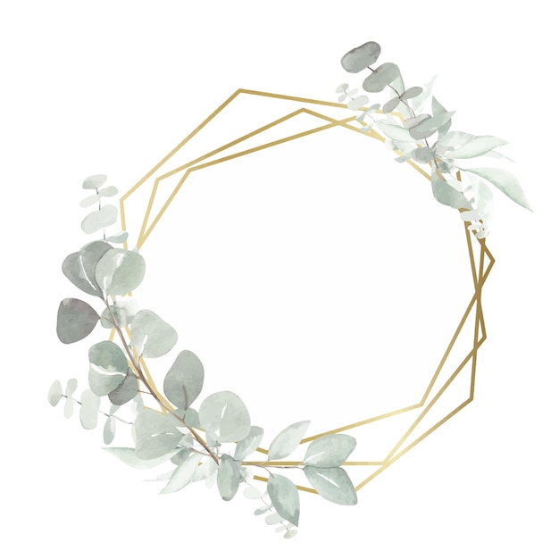 Vector watercolor eucalyptus wreath with geometric gold element isolated on a white background handdrawn