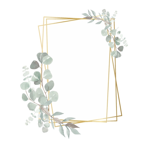 Watercolor eucalyptus wreath with geometric gold element isolated on a white background handdrawn