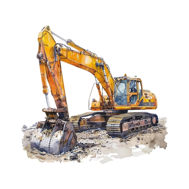 Watercolor excavator on white background