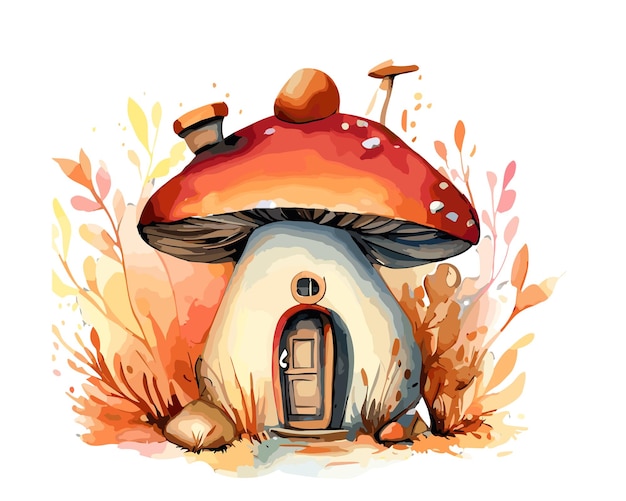 Vector watercolor fairy mushroom house in autumn