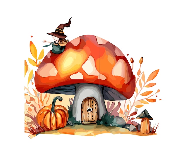 Вектор Акварельная фея грибный дом осенью с тыквой и хэллоуин атмосферой