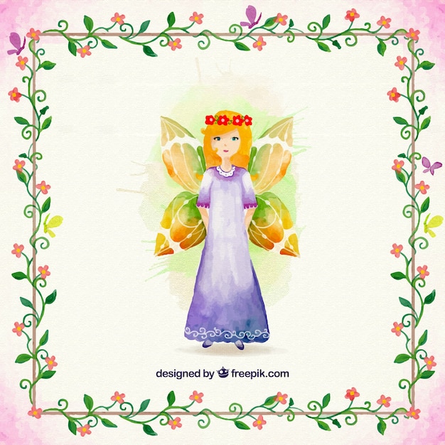 Watercolor fairy with a floral frame