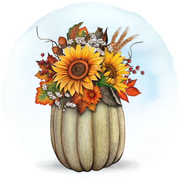 Watercolor fall composition with pumpkin sunflowers dry herbs