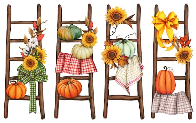 Vector watercolor fall farm composition with wooden ladder and pumpkins