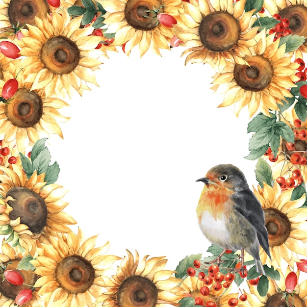 Watercolor fall frame of sunflowers with Robin bird