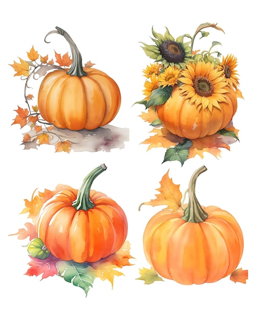 Watercolor fall pumpkin clipart set Vintage Autumn Pumpkin illustration