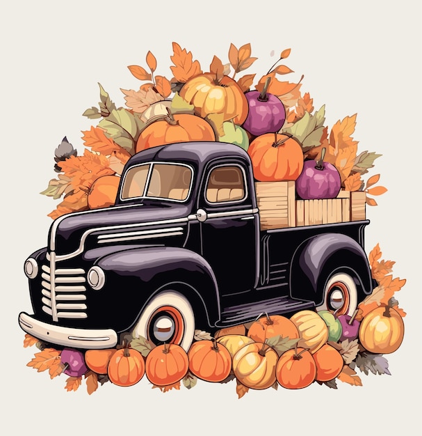 Watercolor fall truck Isolated on white background