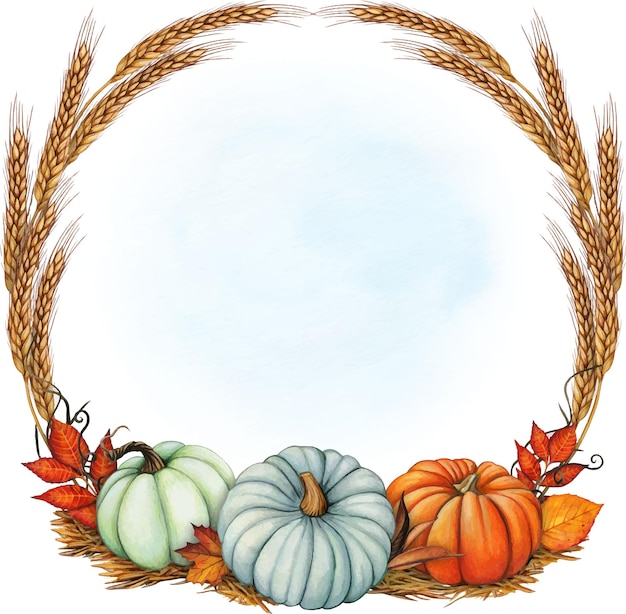 小麦、カボチャ、紅葉の穂と水彩の秋の花輪