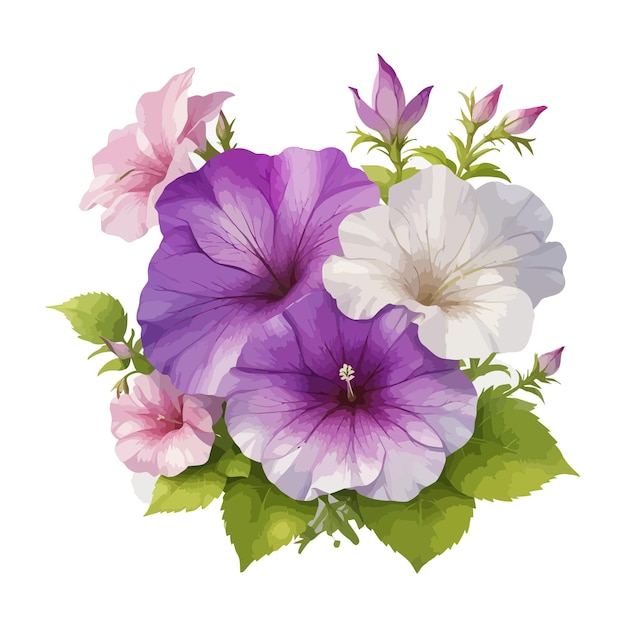 Watercolor fantasy petunias clipart editable white background