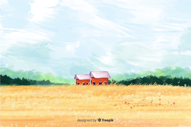 Watercolor farm landscape