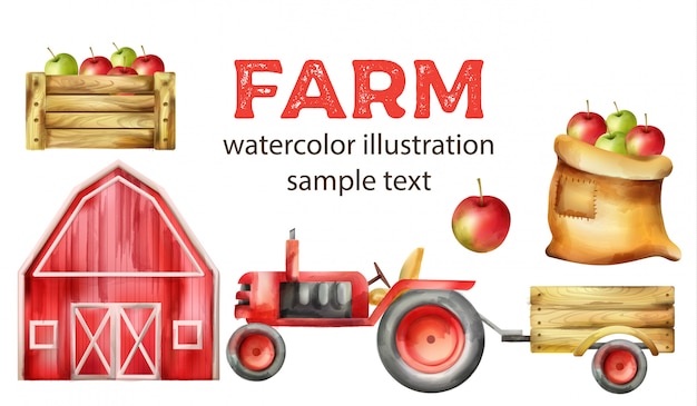 Watercolor farm vehicles and buildings set. Cow, tractor with tow, apples in wooden box, red farm and haystack