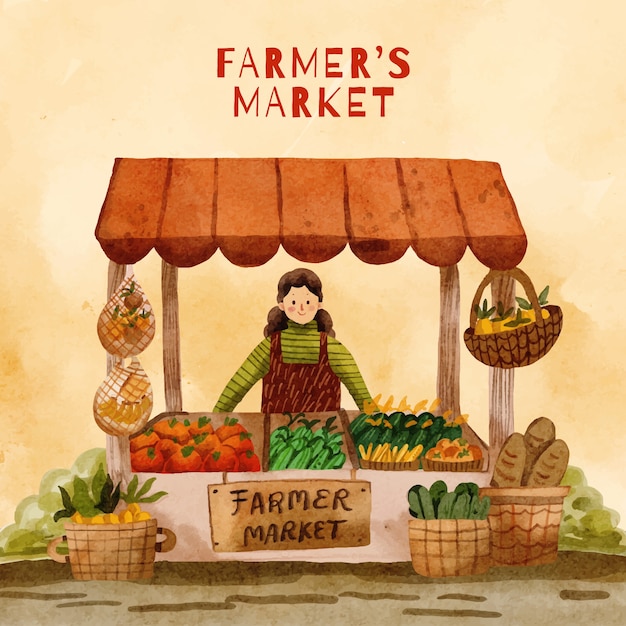 Vector watercolor farmers market illustration