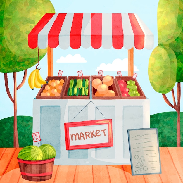 Illustrazione del mercato degli agricoltori dell'acquerello