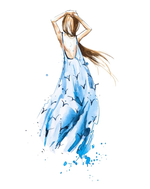 Акварельная иллюстрация моды, девушка в летнем платье, глядя вдаль, вид сзади.