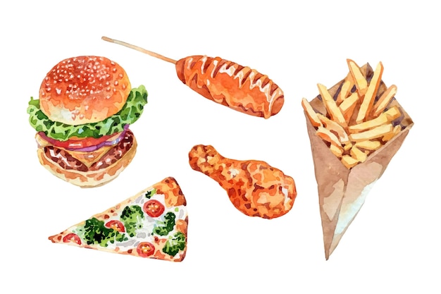 Watercolor fast food elements collection