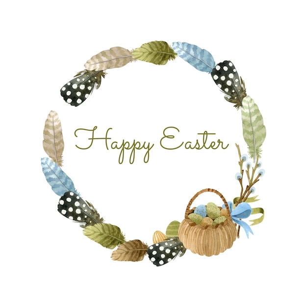 Watercolor feathers and egg basket rustic wreath