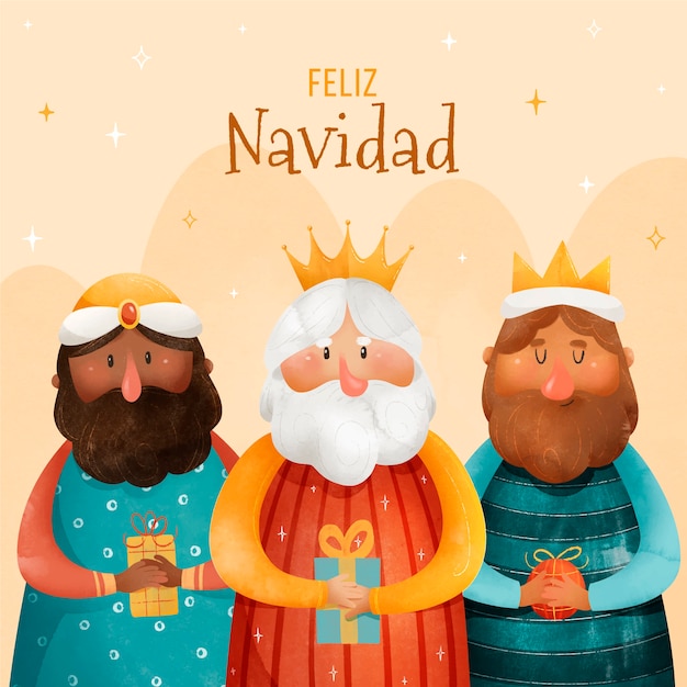 Modello di biglietto di auguri feliz navidad reyes magos dell'acquerello