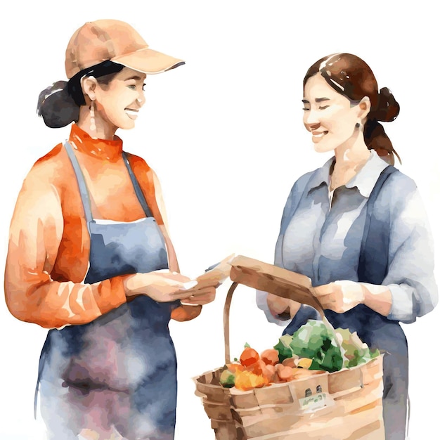 watercolor of a female seller and a buyer