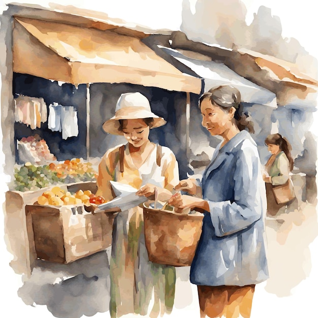 watercolor of a female seller and a buyer