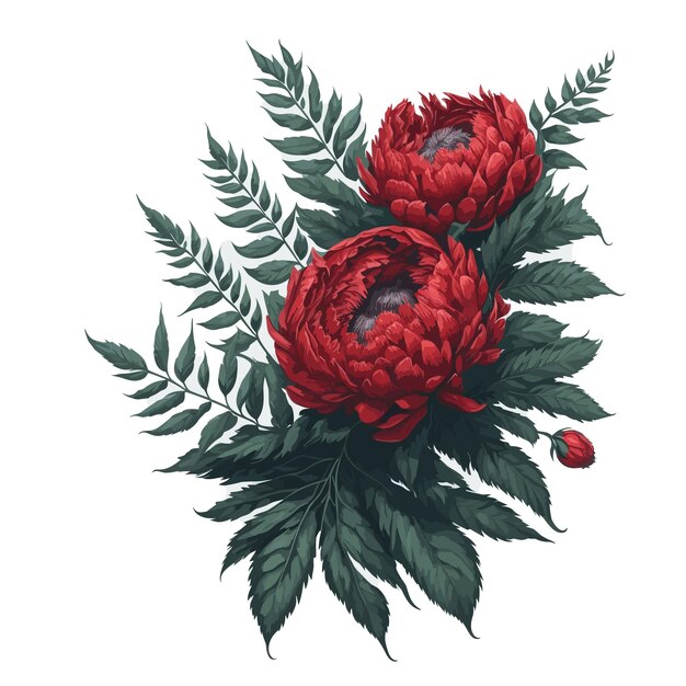 Watercolor fern leaf peony red clipart floral vector